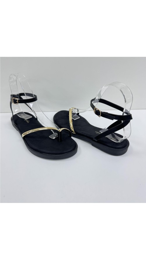 SANDALIA PLANA CON ADORNO ORO NEGRO