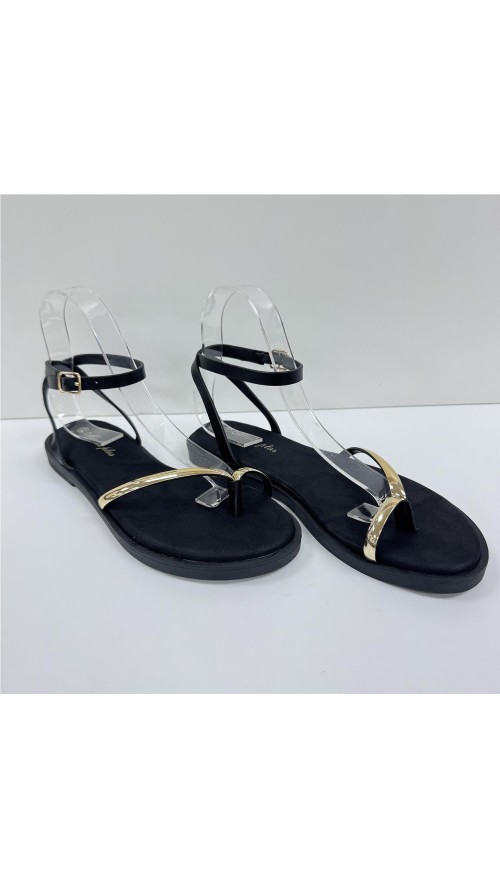 SANDALIA PLANA CON ADORNO ORO NEGRO