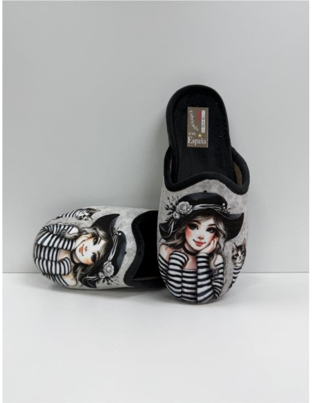 ZAPATILLA DIBUJO NIÑA Y GATO NEGRO